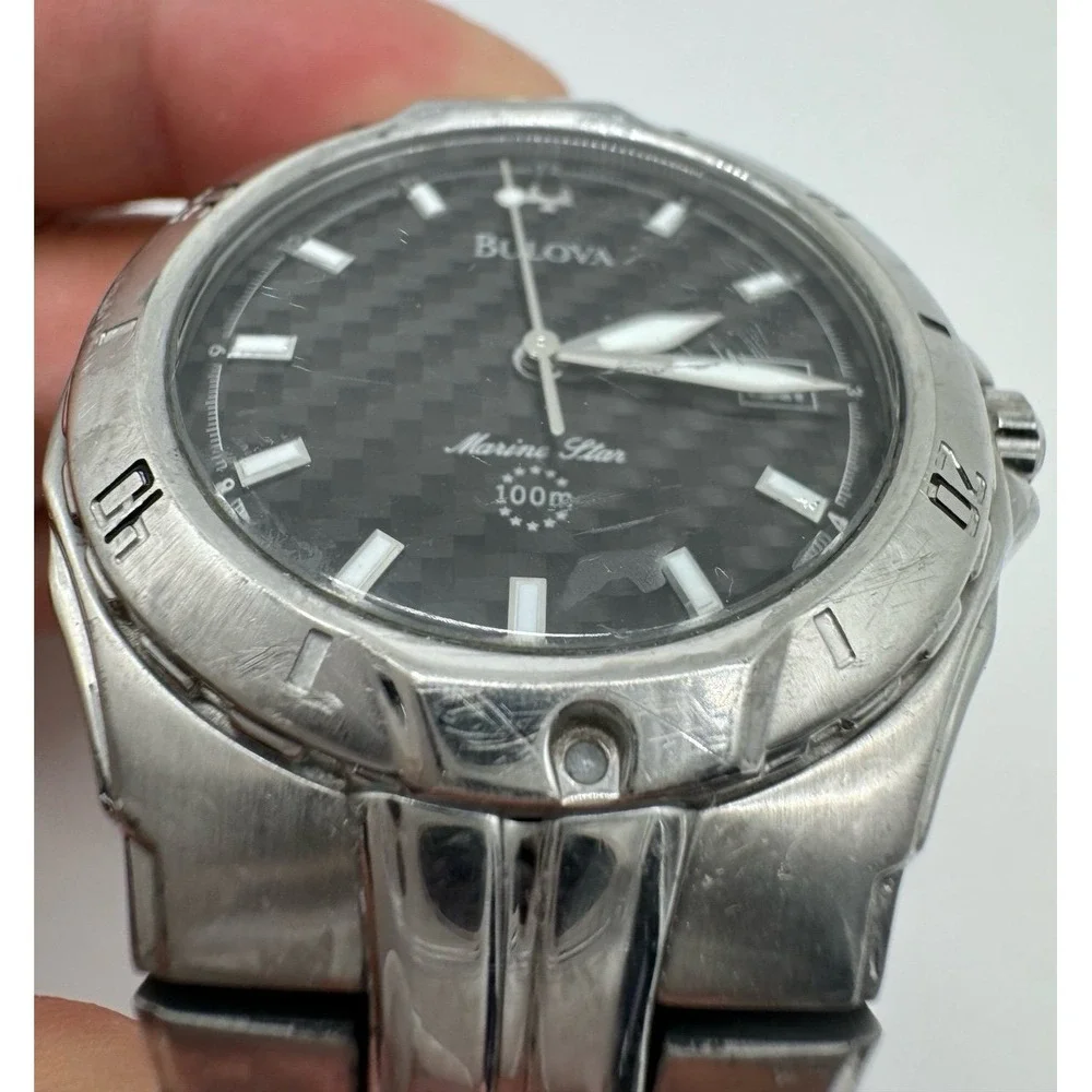 Bulova Marine Star 96B21 Mens Watch Black Carbon Fiber Dial Stainless needs bat